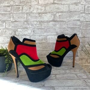 ALBA Andrea Color-block Heels with zipper‎ Red Green Brown Black Womens Size 10